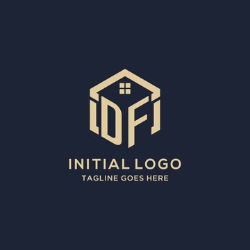 Initials DF logo with abstract home roof hexagon shape, simple and modern real estate logo design
