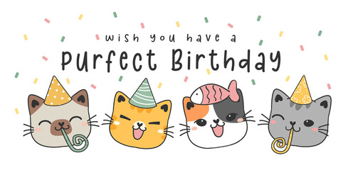 happy purfect birthday greeting card, cute four adorable happy kitty cat faces with white party hats, birthday party banner, animal pet cartoon drawing vector - Powered by Adobe