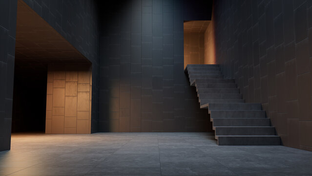 Minimalist interior. Contemporary Architecture Constructed from Black Cladding and Tiled Concrete materials.