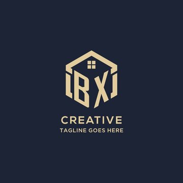 Initials BX logo with abstract home roof hexagon shape, simple and modern real estate logo design