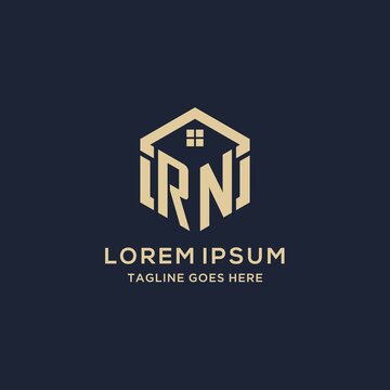 Initials RN logo with abstract home roof hexagon shape, simple and modern real estate logo design