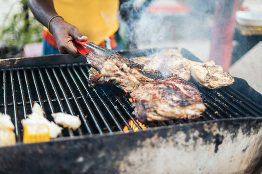 Cooking ribs on a grill close up