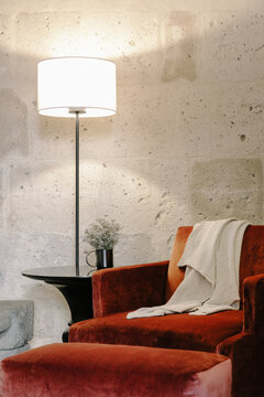 Red Armchair With Lamp Closeup
