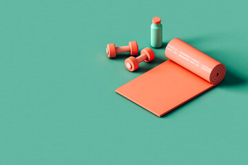 water bottle, fitness mat, dumbbells. fitness concept. 