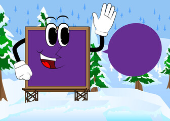 Billboard with waving hand. Cute cartoon advertisement sign, banner character.