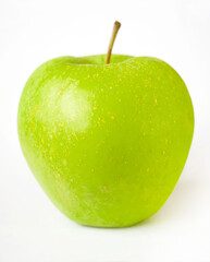 Sample ripe green apple, sample of fruit variety. Green whole fresh apple with stem and shadow on white background.
