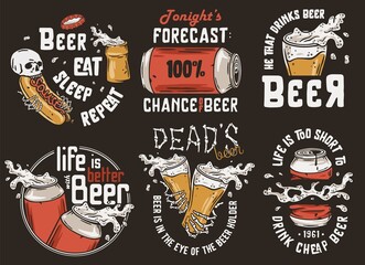 Obraz premium Beer set with can and cheer mug for brewing print. Vector brew design with skeleton and hot dog or beer fast food for bar