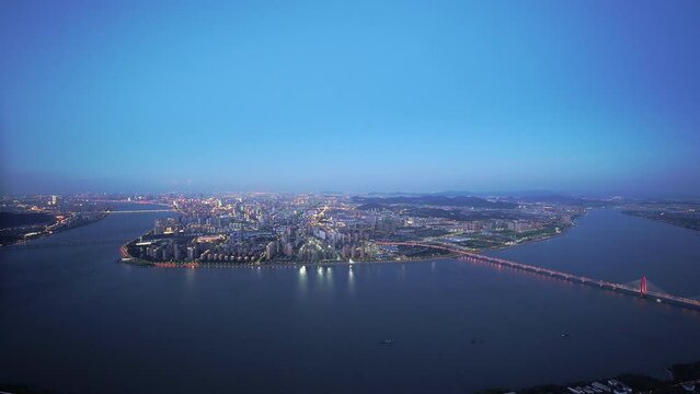 aerial view of hangzhou shanhusha reservoir and qiantang river at twilight
