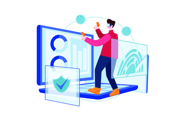 Man working on blockchain technology illustration concept. Flat illustration isolated on white background