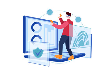 Man working on blockchain technology illustration concept. Flat illustration isolated on white background