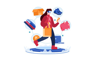 Girl doing shopping using VR Tech illustration concept. Flat illustration isolated on white background