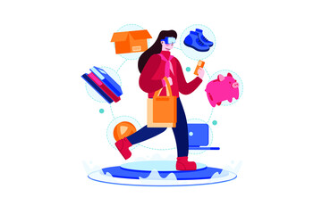 Fototapeta na wymiar Girl doing shopping using VR Tech illustration concept. Flat illustration isolated on white background