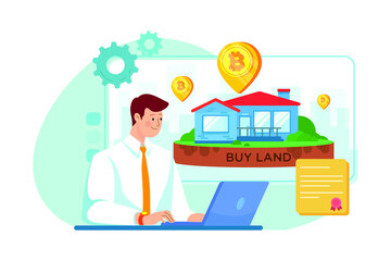 Businessman buy land using Bitcoin illustration concept. Flat illustration isolated on white background