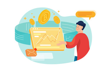 Cryptocurrency Traders checking Bitcoin report illustration concept. Flat illustration isolated on white background