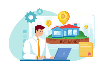 Businessman buy land using Bitcoin illustration concept. Flat illustration isolated on white background