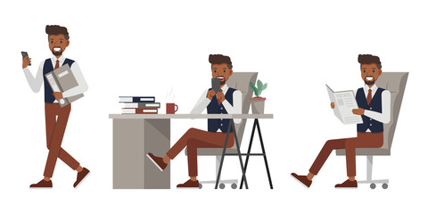 Set of businessman wear blue suit character vector design. Presentation in various action. People working in office planning, thinking and economic analysis. Business news concept.