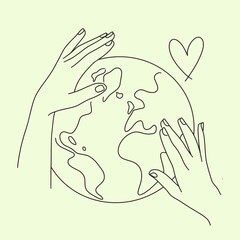 Vector illustration of a planet and human hands with a continuous black line