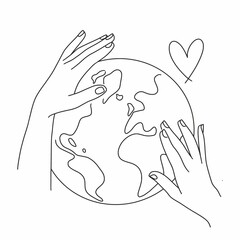 Vector illustration of a planet and human hands with a continuous black line