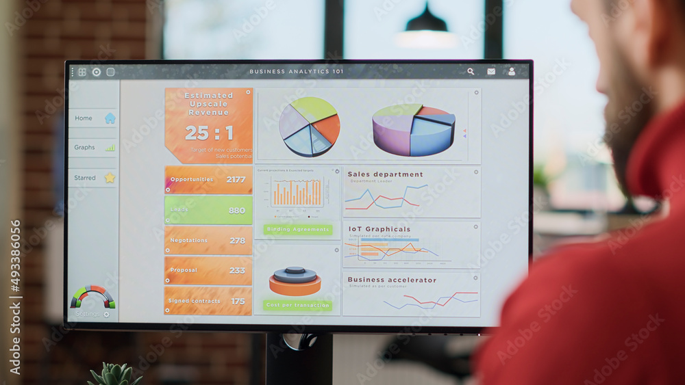 Poster office worker analyzing business charts and graphs on monitor display, planning marketing strategy w
