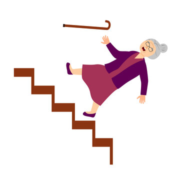 Senior woman accident falling down stairs in flat design on white background.