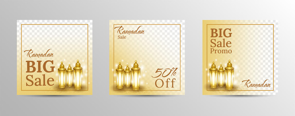 Ramadan Kareem sale template with golden sitting lanterns for social media posts.