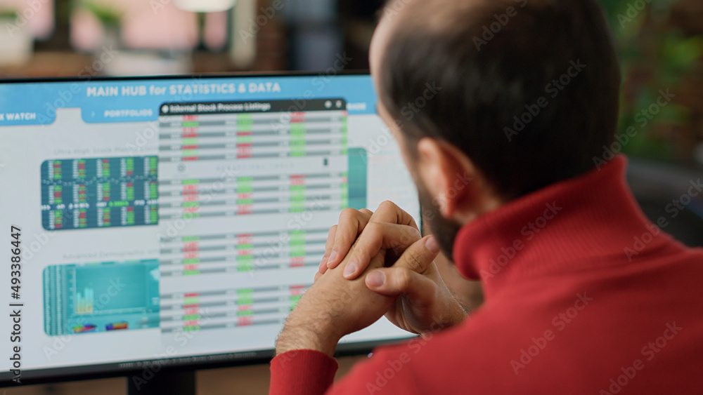 Poster financial analyst looking at capital investment market on display, using stock trade exchange statis