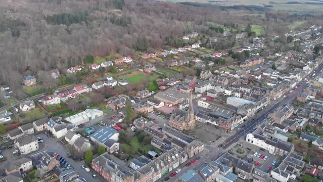 Drone footage. Hovering over the town of Callander, Scotland.