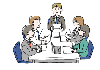 真剣な様子の会議　コミカルな手書きの人物　ベクター、線画にシンプルな色つけ　