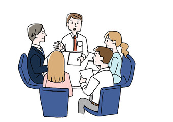 真剣な様子の会議　コミカルな手書きの人物　ベクター、線画にシンプルな色つけ　