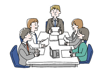 和気藹々とした会議　コミカルな手書きの人物　ベクター、線画にシンプルな色つけ　