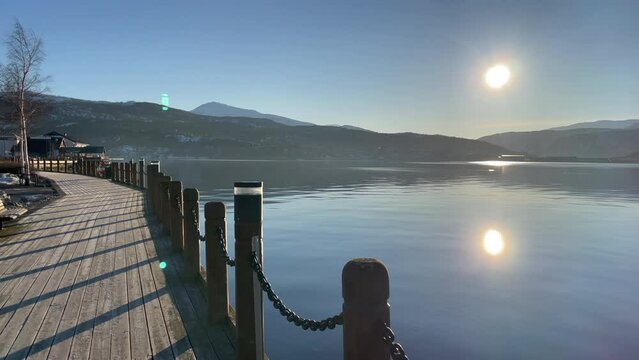 View from left to right over Fauske pier of skjerstad Fjord in Bod&oslash;, Fauske, And Saltdal located in Nordland County, Norway on a bright sunny day.