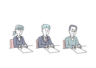 ハンコをついている人々のセット　コミカルな手書きの人物　ベクター、線画にシンプルな色つけ　