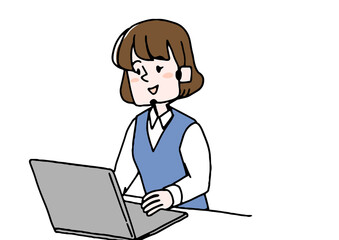 笑顔で会話する女性オペレーター　コミカルな手書きの人物　ベクター、線画にシンプルな色つけ　