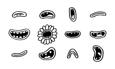 collection of cute monsters mouth. hand drawn cartoon mouths with teeth, on white background. vector illustration for character design 