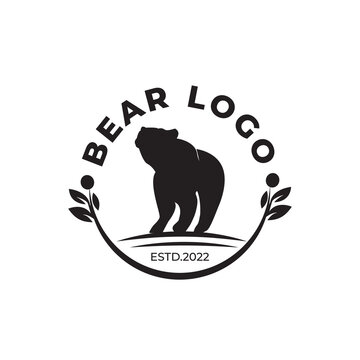Bear silhouette illustration logo in circle, flower icon beside