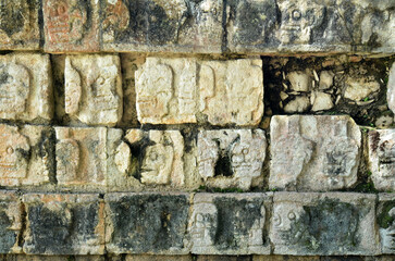 Chichen Itza Mexico, Mayan Ritual structures, masks, sacrificial site, old wall, Wall and stone of Mayan pyramids