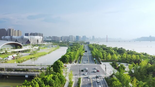 aerial view of hangzhou olympic sports center for 2026 asia games
