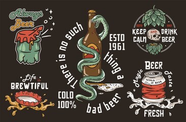 Beer set of bottle and beer can with snake and hop for brewery. Vector hop and bottle cap for alcohol craft bar