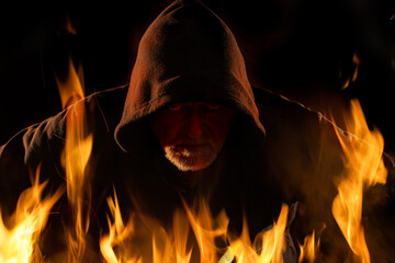Fire and flames surround the portrait of an arsonist. He is wearing a hooded shirt. The background...