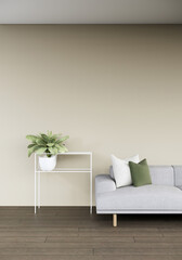 modern scandinavian living room interior with sofa. wooden floor and beige wall, 3d rendering background
