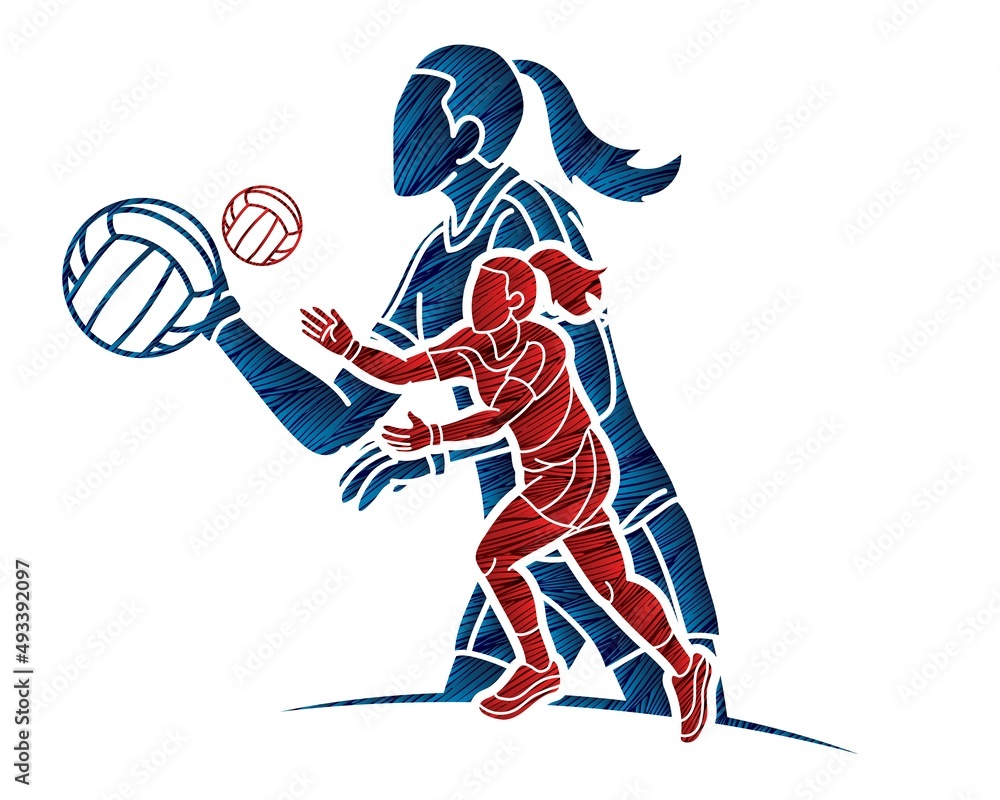 Sticker Group of Gaelic Football Female Players Action Cartoon Graphic Vector