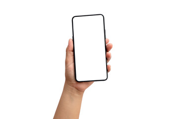 Hand holding smartphone white screen with the clipping path isolated on a white background.