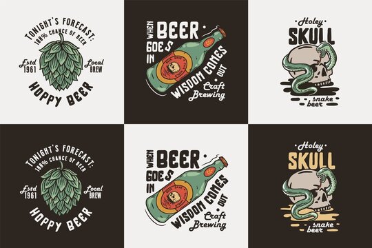 Beer bottle and skull with snake and hop for brewery. Brew design with vector hop for alcohol craft bar