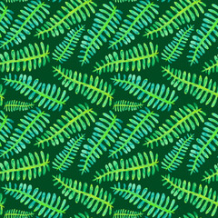 Fern leaves seamless pattern on dark green background, watercolor texture