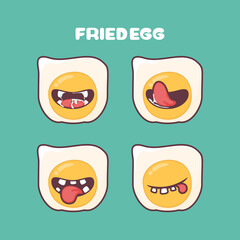 Fried egg cartoon. vector illustration of fast food, breakfast, healthy food. with different mouth expressions