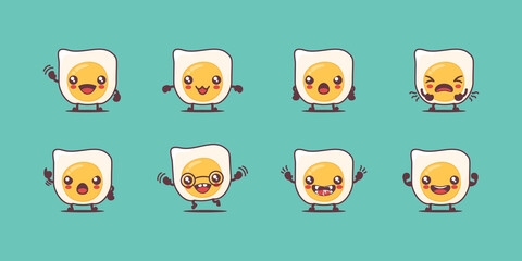 Fried egg cartoon. vector illustration of fast food, breakfast, healthy food. with different faces and expressions