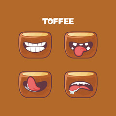 Toffee cartoon. sweet food vector illustration. with different mouth expressions
