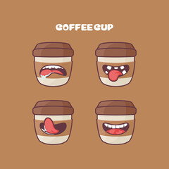 Coffee cup cartoon. drink vector illustration. with different mouth expressions