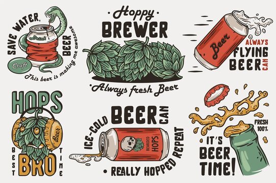 Beer vector set of bottle and beer can with snake and hop for brewery. Hop and bottle cap for alcohol craft bar