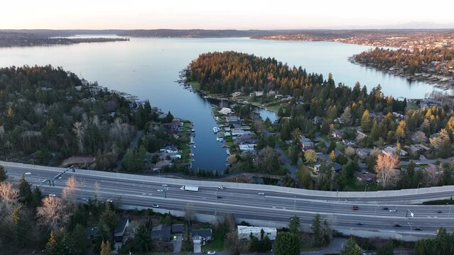 Cinematic 4K aerial drone footage of Medina, Hunts Point, Yarrow Point, Clyde Hill, Aqua Vista, Kirkland, 520 freeway, Lake Washington mansions, luxury homes, villas